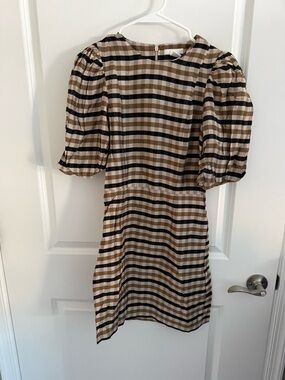 H&M Beige and Black Plaid Puff-Sleeve Mini Dress